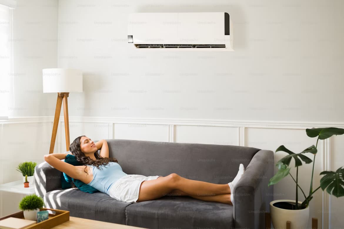 Modern lounge with quiet wall-mounted air conditioner